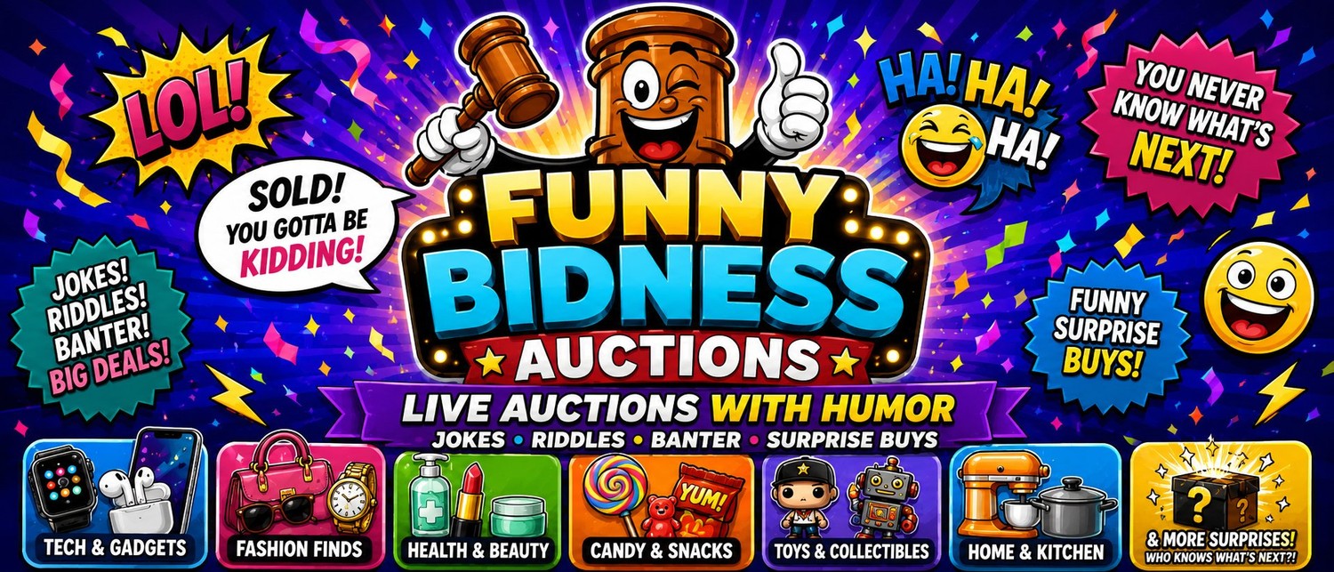 Funny Bidness Auctions — live auctions with humor: jokes, riddles, banter and surprise buys across Tech, Fashion, Health & Beauty, Candy, Toys and more.