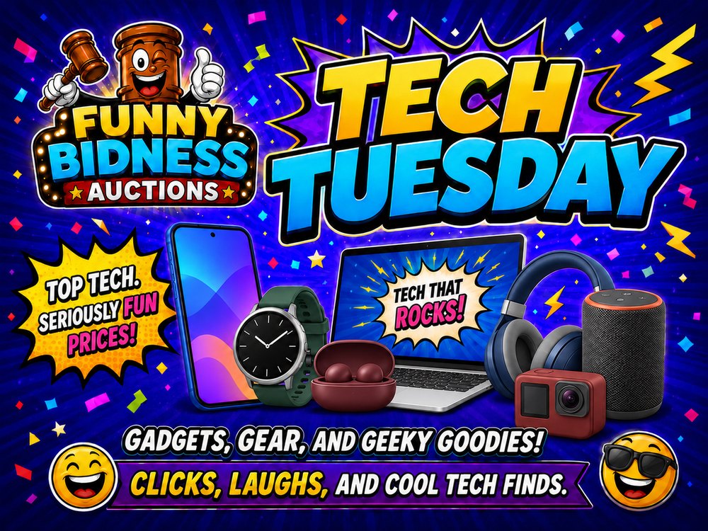 Tech Tuesday banner — electronics and gadgets.